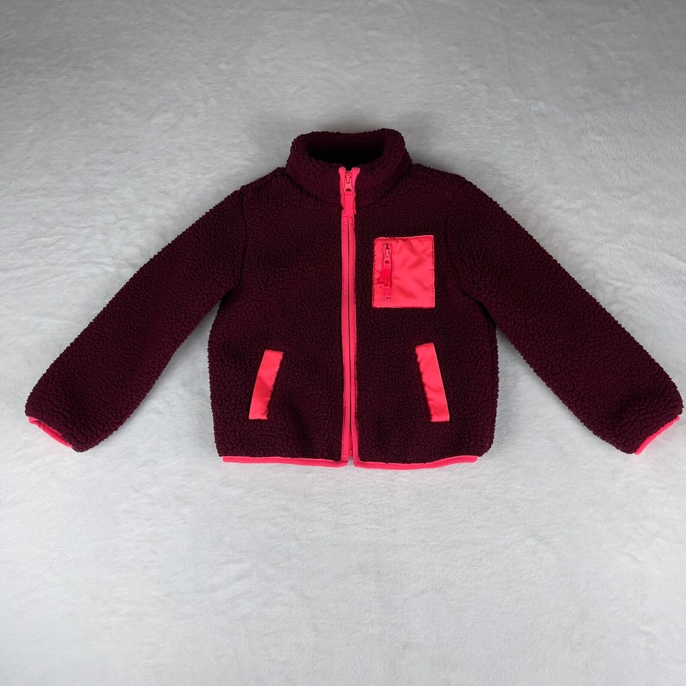 Cat & Jack Red Sherpa Jacket Girls XS Maroon‎ Chest Patch Pocket Full Zipper